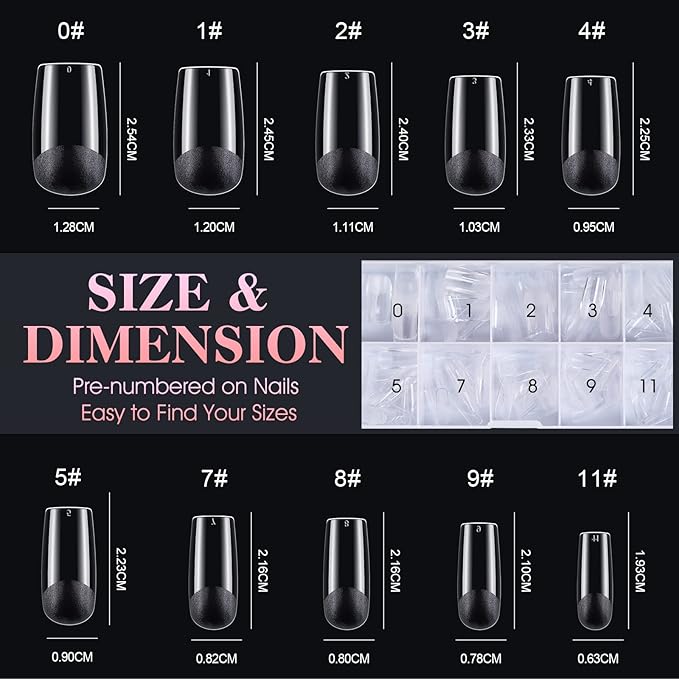 Gelike EC Soft Gel Nail Tips Kit for Soak Off Nail Extensions,Full Cover,Square Shaped,Pre-Buff PMMA Resin,Clear Ultra-Thin Design,10 Sizes,240 Pieces,Medium Square