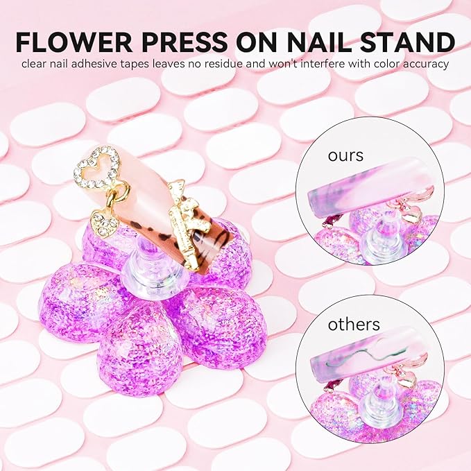 Nail Stand for Press On Fake Nails Painting Display Practice, Powerful Magnetic Nail Holder for Design, Flower Nail Stand with 200 PCS Double-Sided Tapes, Nail Tools for Home Salon (Purple)