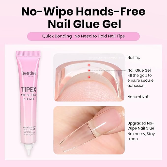 Beetles Tipex Lite Nail Tips Kit with Dehydrator & Primer, Long Coffin Full Cover Clear Nails 256PCS 16 Sizes, Mini UV Lamp, 20g Solid Nail Glue, Base & Top Coat, All-in-One Nail Starter Kit