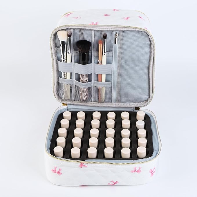 hibear Nail Supplies Organizer Nail Polish Storage Holds 30 BottlesNail Polish Storage Holds 30 Bottles Nail Kit Case Makeup Bag Vanity Case for Women (bow-3)