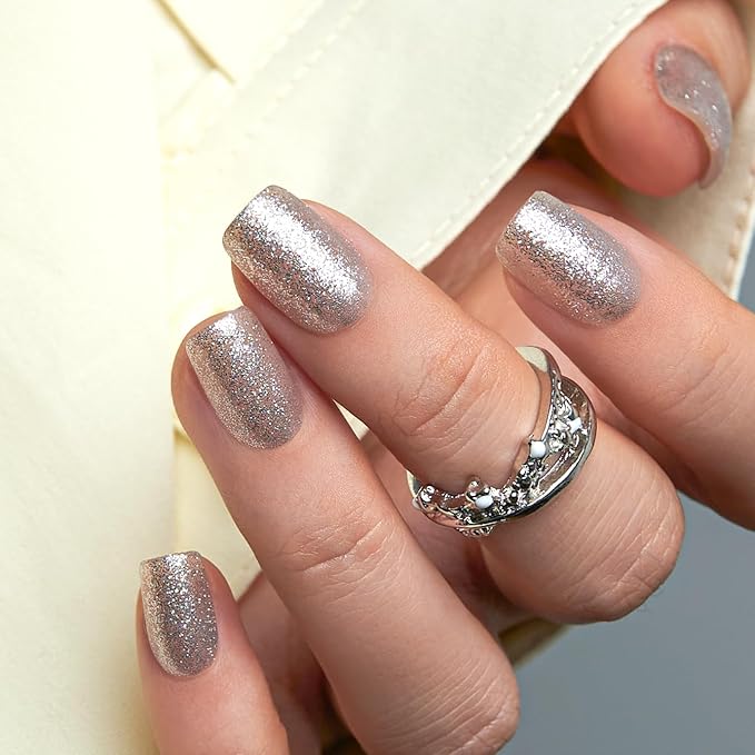 Curvlife Short Press on Nails Square Acrylic Fake Nails with Silver with glitter Design Full Cover False Nails Reusable Nail Kit with Nail Glue Adhesive Tabs Nail File Artificial