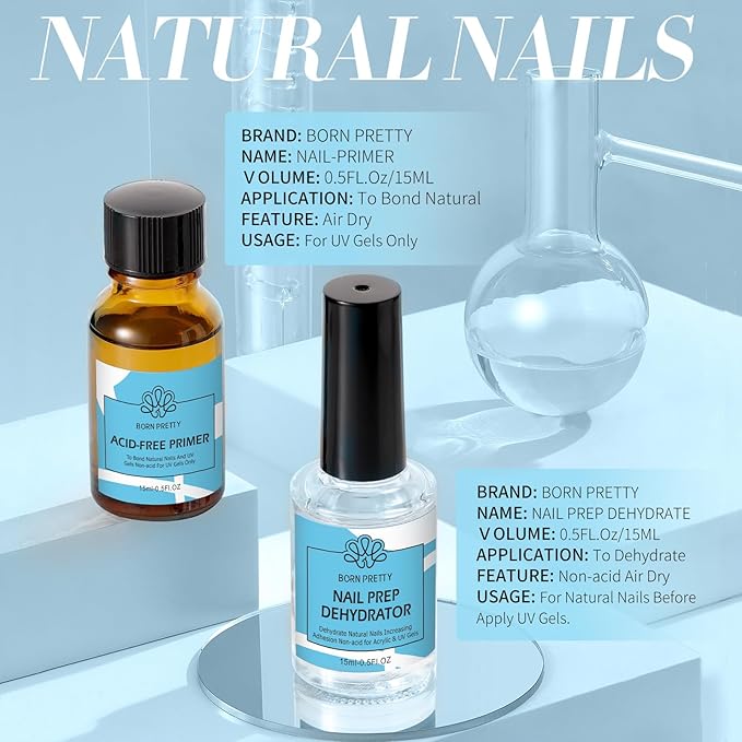 BORN PRETTY Nail Dehydrate and Primer, 15ml Dehydrator for Acrylic and Gel Nail Polish, Non Acid Primer for U V Gels, No Burn Fast Air Dry Nail Prep Dehydrator Set, 0.5oz