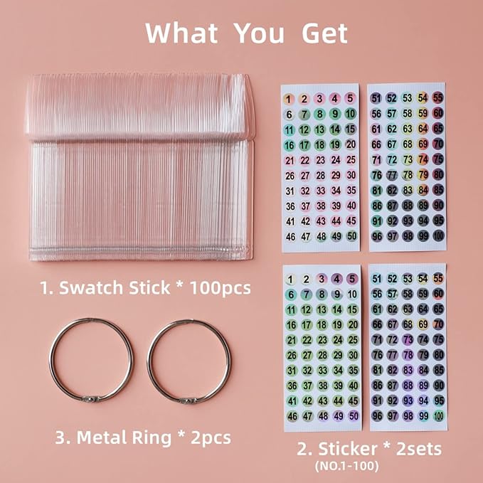 100pcs Nail Swatch Sticks with Number Stickers Nail Color Display Stiletto Tips Clear Nail Sample Sticks with Ring Practice Nail Tips Nail Supplies for Nail Techs Professional Nail Salon