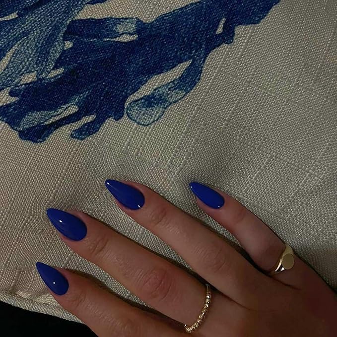 Royal Blue Press on Nails - Almond Shape Medium Length Neutral Acrylic Reusable Fake Nails for Women Girls - Glue on Stiletto False Soft Gel Artificial Nails