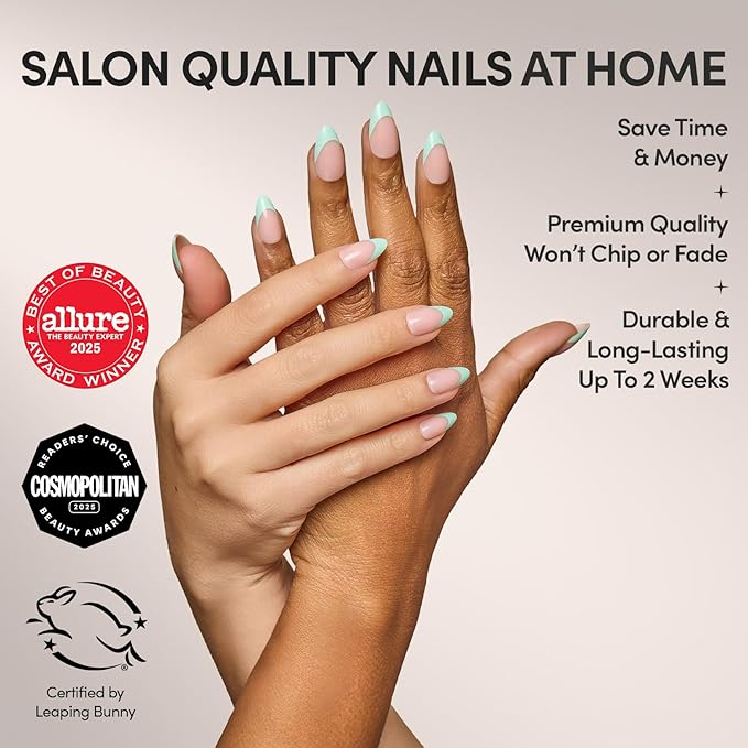 Glamnetic Press On Nails - Pistachio Crème | Short Almond Fake Nails with Mint Blue French Tips and Glossy Finish, Salon Quality | 15 Sizes - 30 Nail Kit with Glue