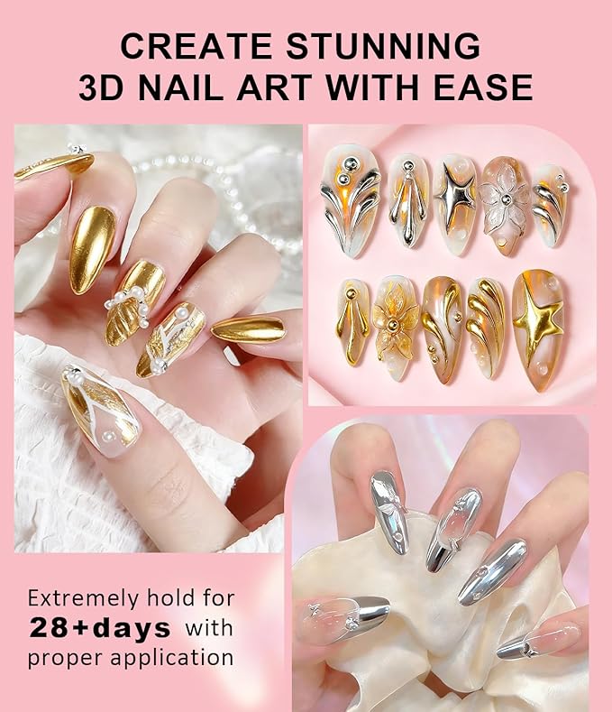 3D Nail Gel and Chrome Nail Powder BISHENGYF - 15g No Wipe 3D Sculpting with Rose Gold Chrome Powder Clear Non-Sticky Sculpting Gel for Home Art DIY