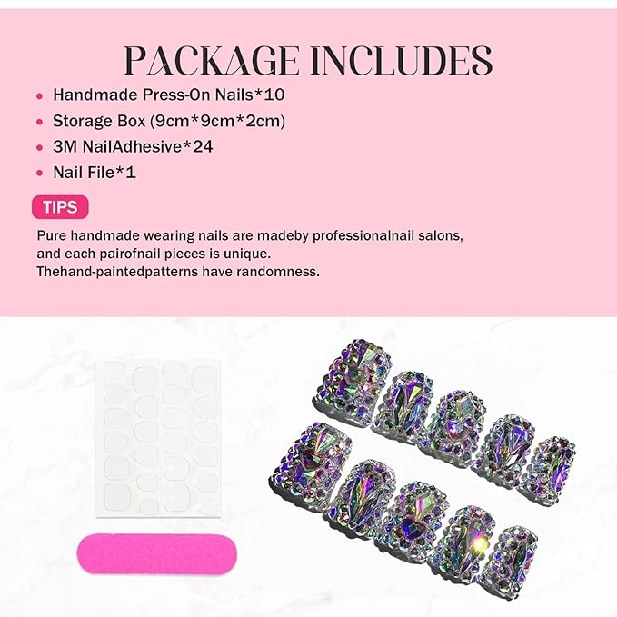 Short Press on Nails Duck Handmade Fake Nails Sparkly Rhinestones Full Cover False Nails with Designs Luxury Reusable Glue on Nail for Women 10Pcs(Size M)