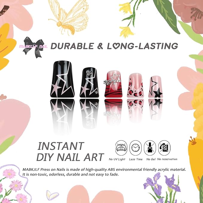Duck MABKJLF Handmade French Tip Fake Nails - Pink & Black Full Cover Star Dollar Charm False Nails with Designs - Y2K Glossy Glue on Acrylic Artificial Nails for Women & Girls