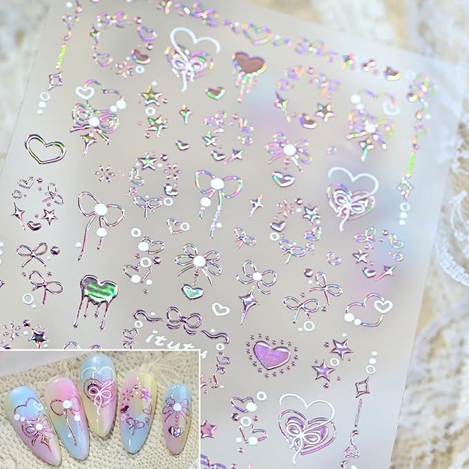 5D Embossed Pink Nail Stickers for Nail Art Self-Adhesive Valentines Day Nail Art Stickers 3D Laser Bow Love Star Designs Heart Nails Art Supplies Cute Nail Decals for Women Manicure Decorations DIY