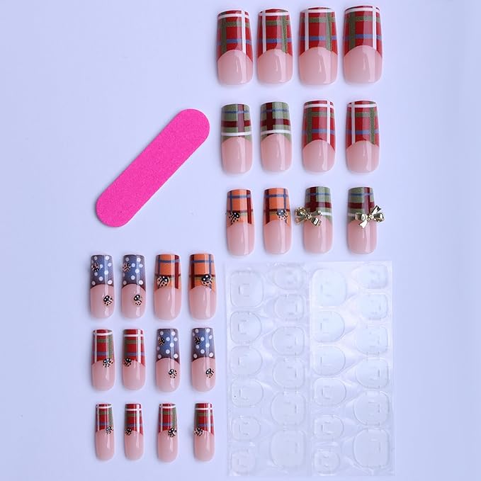 Long Press on Nails Square Fake Nails Red Artificial Nail Seeneey Gold Bow Designs CheckeredStick on Nail for Women 24pcs