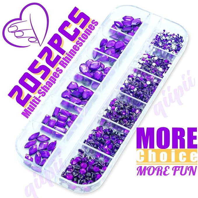 2052Pcs Purple Violet Nail Rhinestones Glass Dark Purple Rhinestones for Nails 72 Multi Shapes Big Gems +1980 Flatback Round Beads Crystals Diamonds Jewels Nail Art Charms for Faces Eyes Makeup