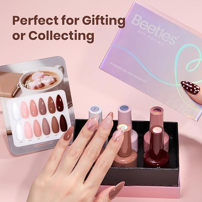 Beetles Gel Nail Polish Set – Coffee Time 6 Colors Neutral White Pink Nude Brown Gel Polish Collection, Soak Off UV LED Gel Long Lasting Glossy Finish 15ml Each Gift for Women