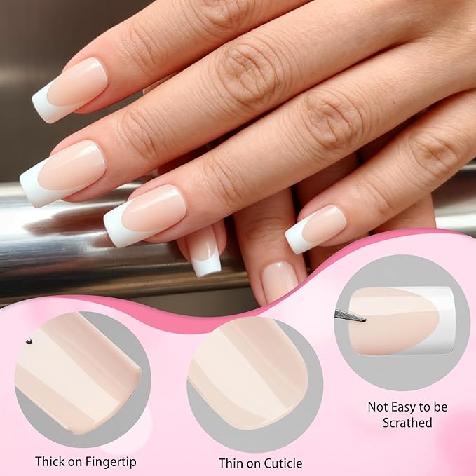 280pc French Tips Press on Nails Medium Square Fake Nail with Glue Tabs, French Tips Glue on Nails Press on Nail Square Acrylic Nails Medium Artificial Fingernails Women Girls Pale Nude False Nails