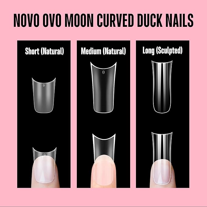 NOVO OVO Long Duck Nail Tips Full Cover Gel X Sculpted (not Natural) Soft Gel Duck Nails Tips with Moon Curve for Deep C-Curve Beds, Extra Thick Flare Tips, Transparent Clear, 15 Sizes 240 Pcs
