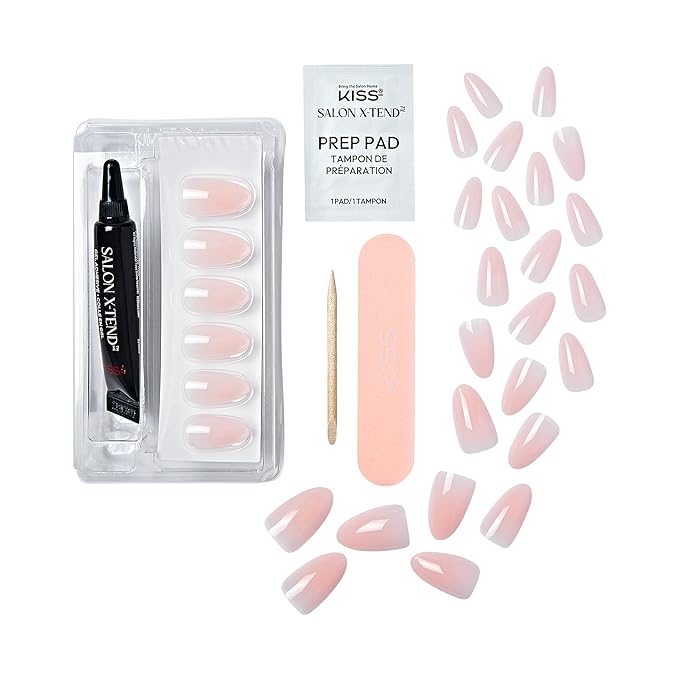 KISS Salon X-tend, Press-On Nails, Nail glue included, 'Gloria', Light Beige, Medium Size, Almond Shape, Includes 30 Nails, 5Ml Led Soft Gel Adhesive, 1 Manicure Stick, 1 New Mini File, New Prep Pad