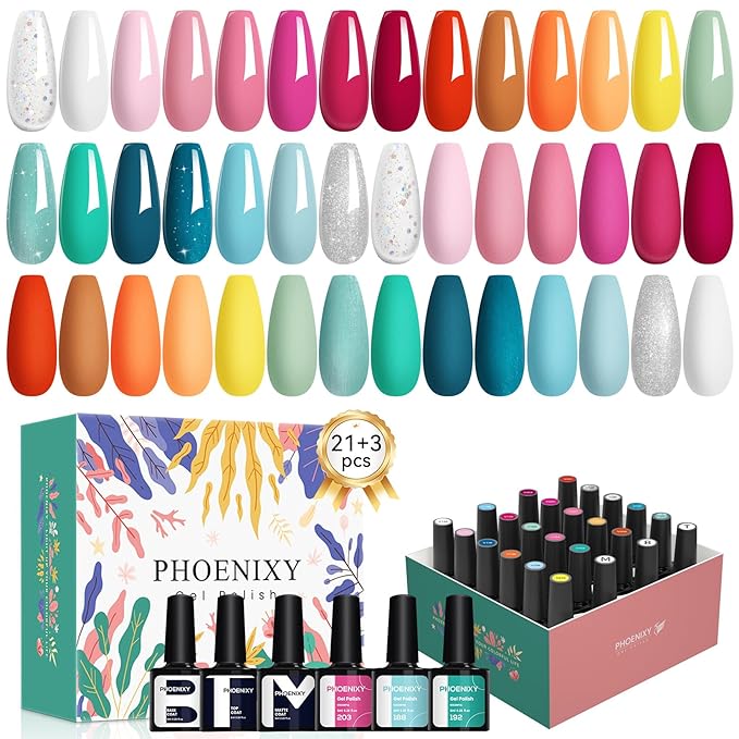 phoenixy 24 PCS Gel Nail Polish Set, 21 Colors Soak Off Gel Nail Kit Nude Pink Red Blue Green Yellow Orange Nail Polish Set with Base Gloss Matte Top Coat Nail Kit Gifts for Women