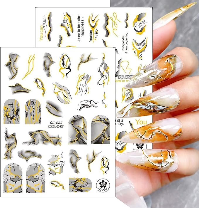 French Line Nail Art Stickers, 3D Gold Black Strip Line Nail Art Transfer Decals Designs, Marble Wave Nail Self-Adhesive Sticker Acrylic Supplies for Women Girls Manicure Decorations, DIY Nail Decal