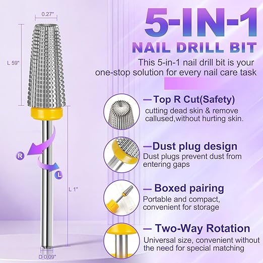 FANTEXY 3/32" Carbide Nail Drill Bits - 5 in 1 Cuticle Drill Bits for Nails, Gel Remover Drills Bit, Nails File Bits for Old Skin and Nails, Manicure Pedicure Gel Polishing (Extra Fine - XF)