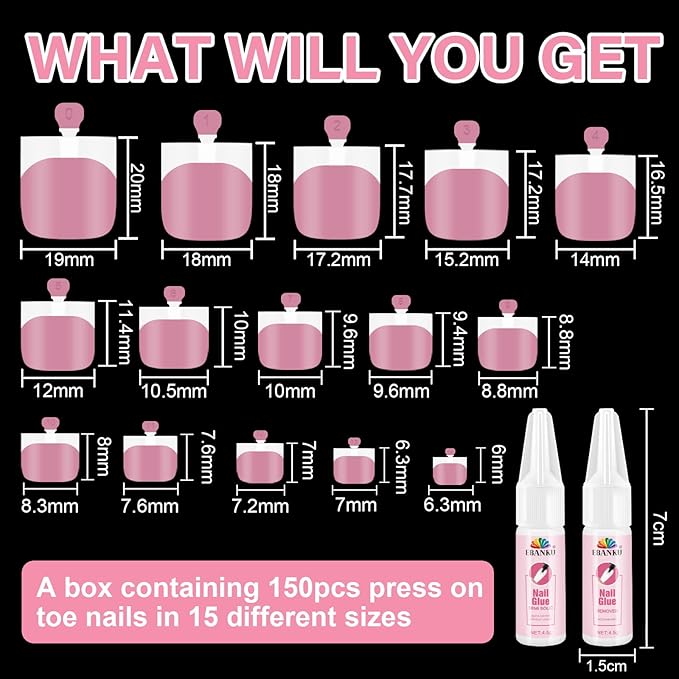 French Tip Press on Toenails Set, EBANKU 150PCS Berry Pink Sharp Square Toenail Press ons with Nail Glue& Nail Remover, Pre-Applied Primer & Base Coat Acrylic False Toe Nails Extension, 15 Sizes