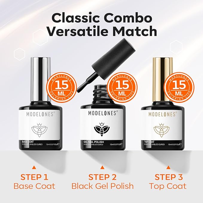 modelones Gel Top Coat Base Coat & Black Gel Nail Polish Set, 3 Pcs No Wipe Shine Finish and Long Lasting, Soak Off Nail Lamp Acid Free No Wipe Clear Base Top Gel Nail Polish Art Manicure Gifts