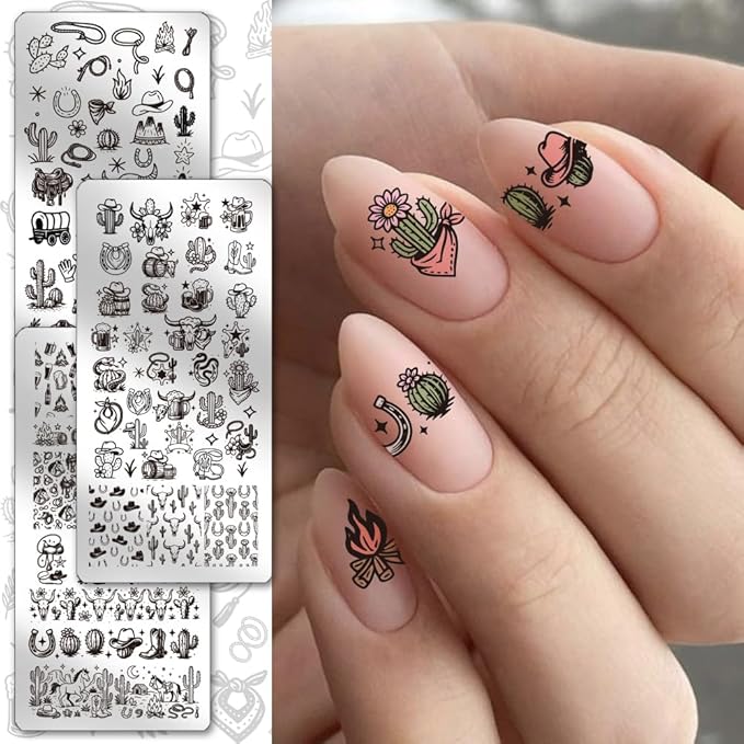 PH PandaHall 3pcs Western Cowboy Nail Stamping Plates, Cowboy Hat Boots Nail Art Templates Southwestern Style Stainless Steel Image Plate Art Stencils for DIY Print Manicures Salon Design Supplies