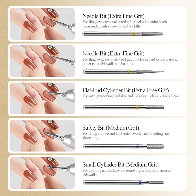 Diamond Nail Drill Bits Set 10Pcs - Safety Cuticle Bit for Beginners, 3/32 Inch E-File Nail Bits for Russian Manicure Prep, Ball Flame Needle Bits for Nail Tech, Gentle Efile Bits for Acrylic Gel Nail