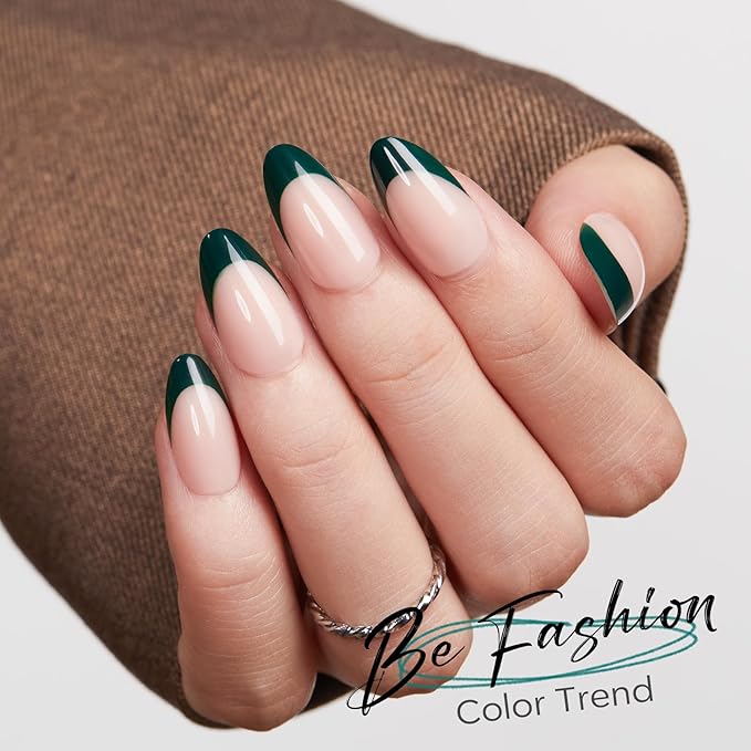 Modelones Green French Tip Press on Nails Almond, St Patricks Day Spring Short Almond Fake Nails, Nail Kit with Nail Glue Adhesive Tabs Mini Nail File, Nails Press Ons 32Pcs16 Sizes