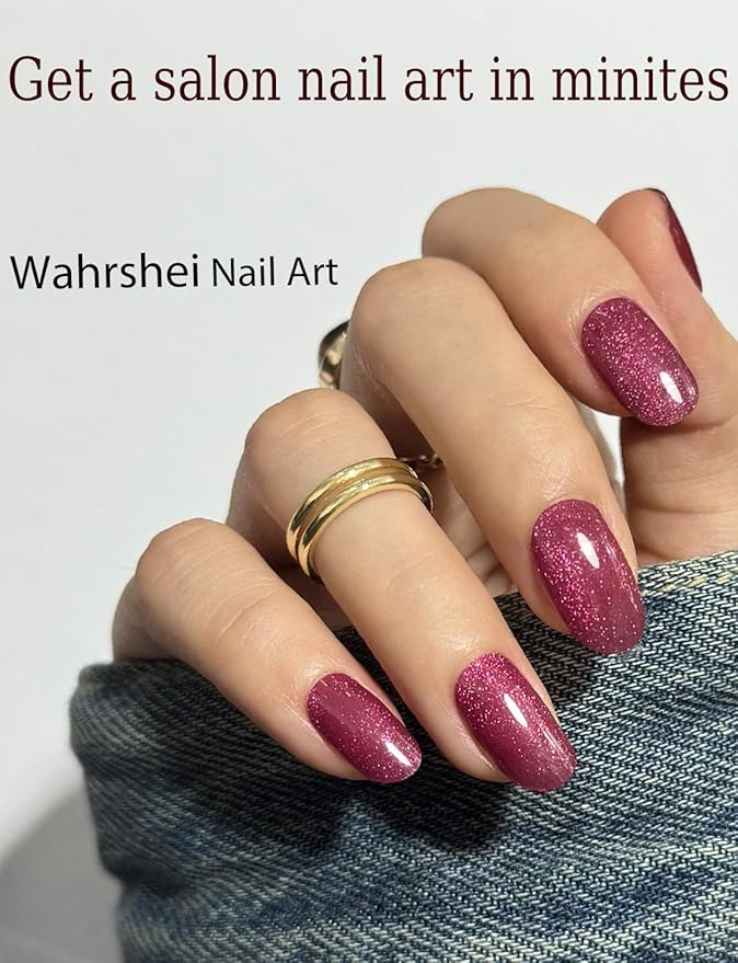 Semi Cured Gel Nail Strips, 20pcs Plum Cat Eye Gel Nail Stickers UV for Home Nails DIY