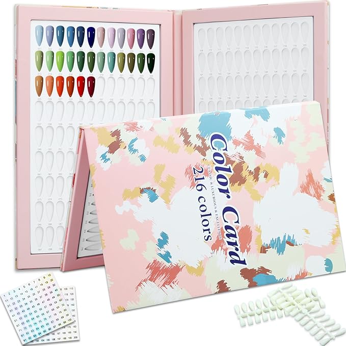 216 Nail Colors Book,Nail Color Display Book with 240 Nail Tips & 1-300 Number Labels,Professional Nail Color Swatches Book for Nail Polish Nails Art Design(Pink)