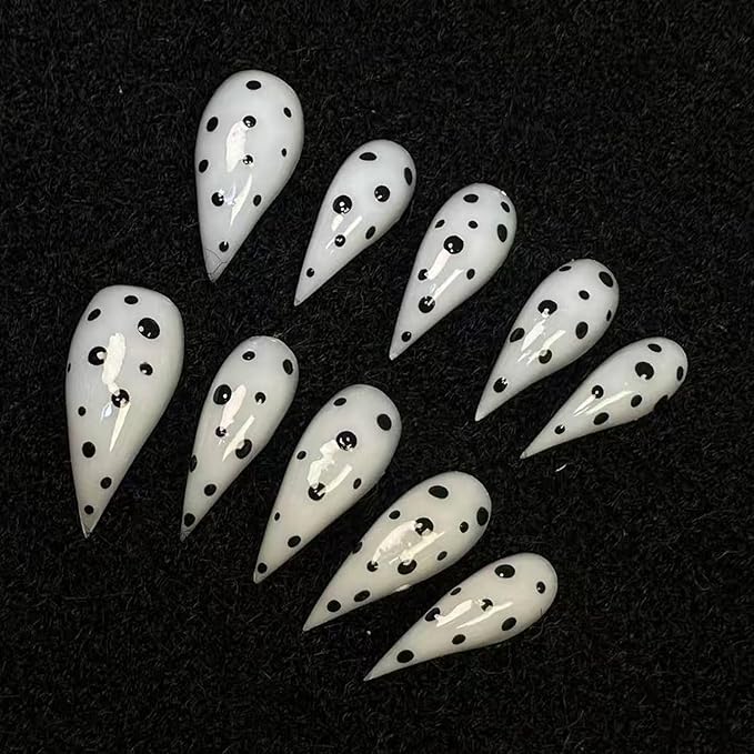 10 Pcs Thick Press on Nails White Stiletto Handmade Fake Nails with Polka Dot Design Medium Curved Eagle Claw False Nails Luxury Muti-Layer Gel Nail Halloween Cat Claw Stick on Nail for Women (S)