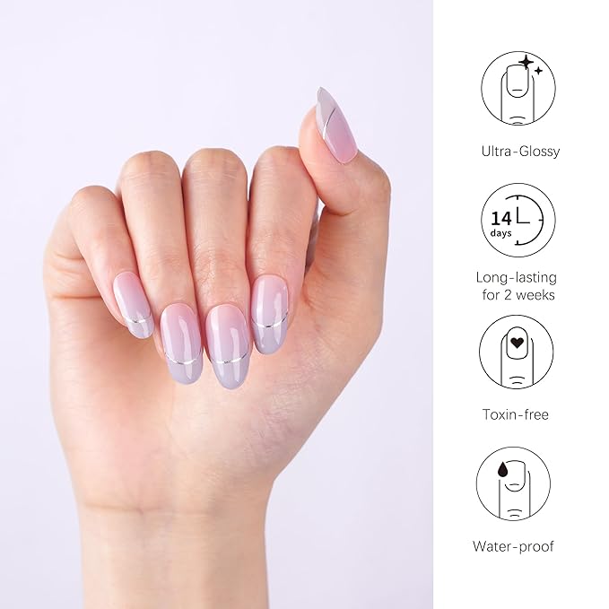 DANNI & TONI Semi Cured Gel Nail Strips Blue-Pink Ombre (Lunar Haze) French Gel Nail Wraps 28 Stickers Gift for Woman