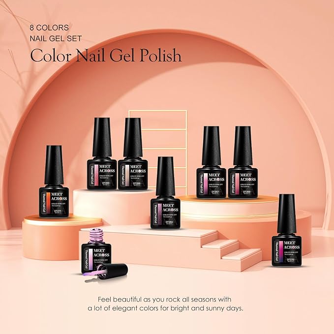 MEET ACROSS Color Changing Gel Nail Polish Set of 8 Temperature Changing Colors Including Red Pink Purple Orange Mood Changing Gel Manicure Kit for Nail Art Home DIY