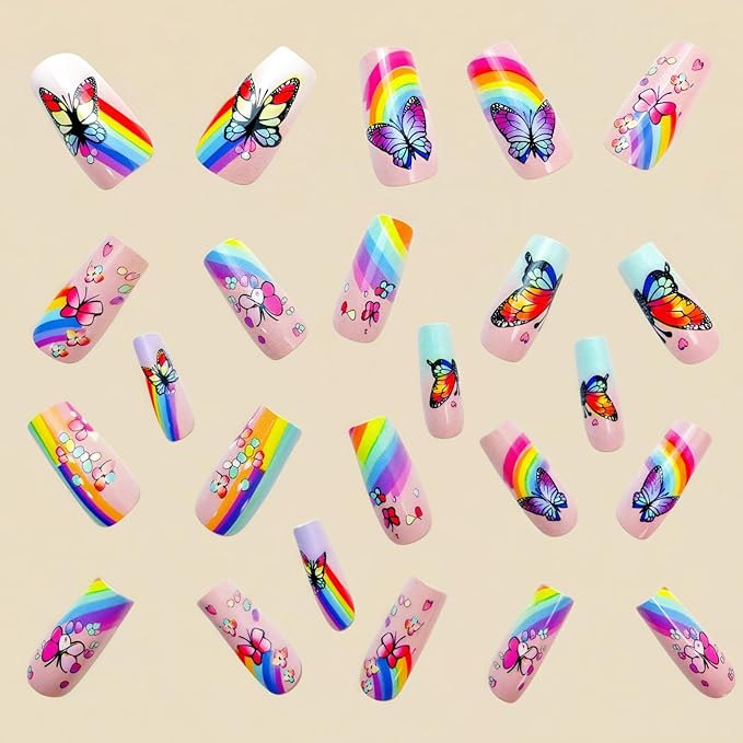 Medium Press on Nails Coffin Shaped Fake Nails with Butterfly Designs Full Cover Stick on Nails Spring Colorful Flower False Nails Flower Glue on Nails for Women and Girls Manicure Kit 24Pcs