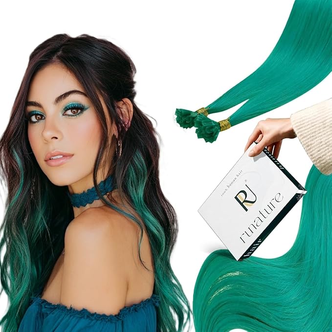 RUNATURE U Tip Hair Extensions Human Hair 20 Inch Teal Hair Extensions for Highlight Party Cosplay Invisible Real Human Hair Extensions Hot Fusion Long Lasting Real Hair U Tip Extensions 25g 25s