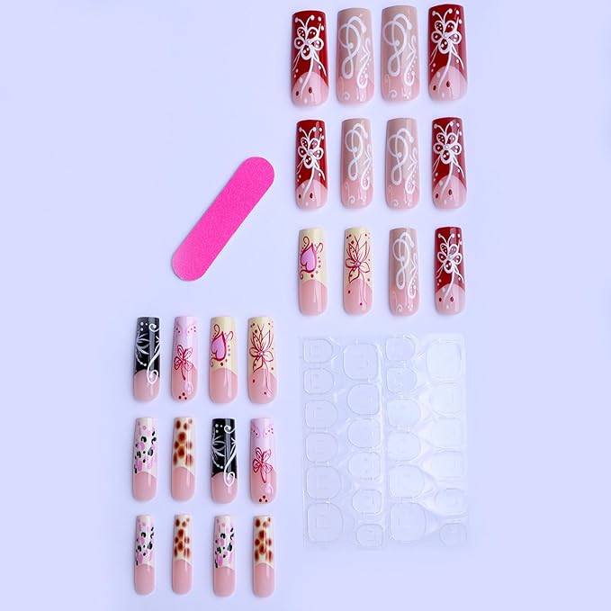 Long Press on Nails Square Fake Nails Red Artificial Nail French Tip and Flowers Designs Stick on Nail for Women 24pcs