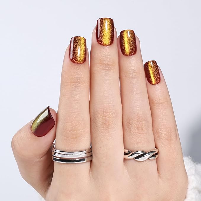 Brown Cat Eye Press On Nails - Short Square Press on Nails Press Ons for Women, Reusable Glossy Fake Nails Kit with Glue DIY Nails Short in 15 Sizes - 30pcs, Amber Mocha
