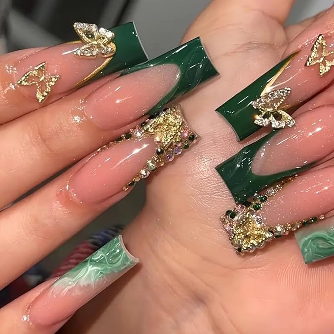 Press on Nails Long Square Green SEENEEY Stick on Nail 24pcs