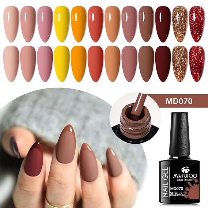 12Pcs Nude Brown Gel Nail Polish Set Caramel Gel Polish Kit Roasted Chestnuts Chocolate Glitter Gel Polish Fall Winter Nail Art Manicure Kit DIY Salon Gift