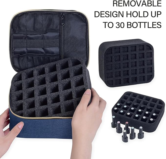 Nail Polish Organizer, Handheld Double Layer Nail Polish Storage with Adjustable Dividers, Holds 30 Bottles (15ml/0.5 fl.oz) for Nail Polish Lamp Manicure Tools and Essential Oil, Blue