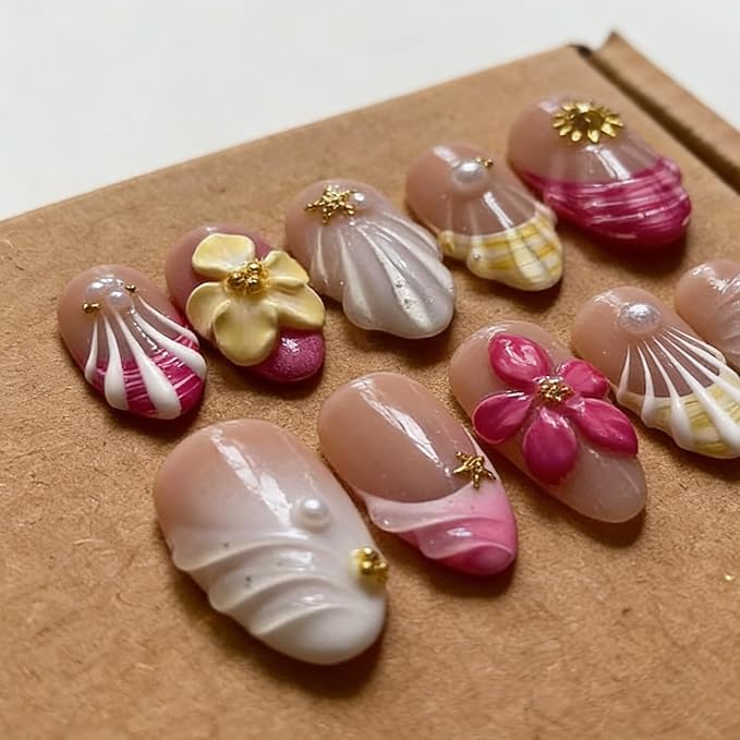 Luxury Press on Nails Medium Almond Handmade 3D Unique Reusable ABS Material Fake Nails French Tip False Nails with Designs Pink Floral Pearls Summer Glossy Glue on Nail Thick Acrylic Nail(M)