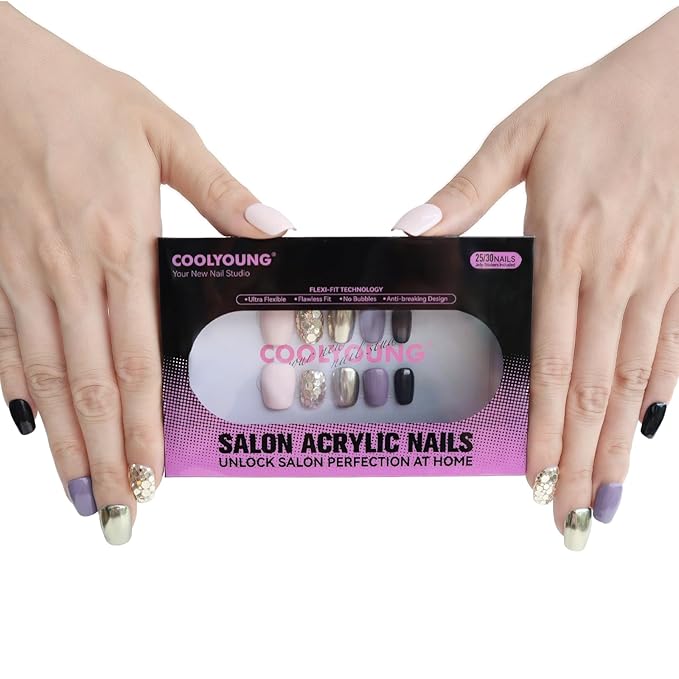 COOLYOUNG 25PC Short Glitter Press On Nails Soft Gel Acrylic Blush Pink Black Mix Reusable Fake Nails