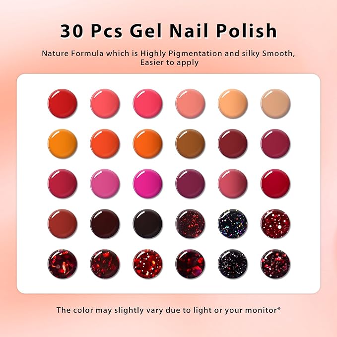 MEET ACROSS 30 PCS Red Gel Nail Polish Set, Burgundy Gel Kit Glitter Nail Polish Soak Off Rose Dark Red Shimmer DIY Home Salon Manicure Gifts for Women Girls