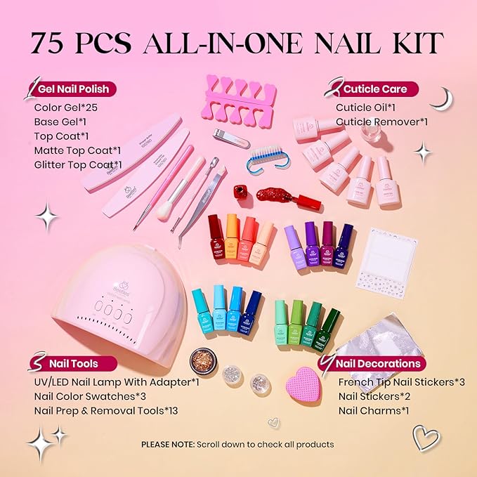 Beetles Gel Nail Polish Kit with U V Light - 45 Colors Valentines Gel Polish Set 75 Pcs One Color One Bottle Emotional Journey Kit with Top Base Coat Beauty Must Have Salon Gifts for Women Teen Girls