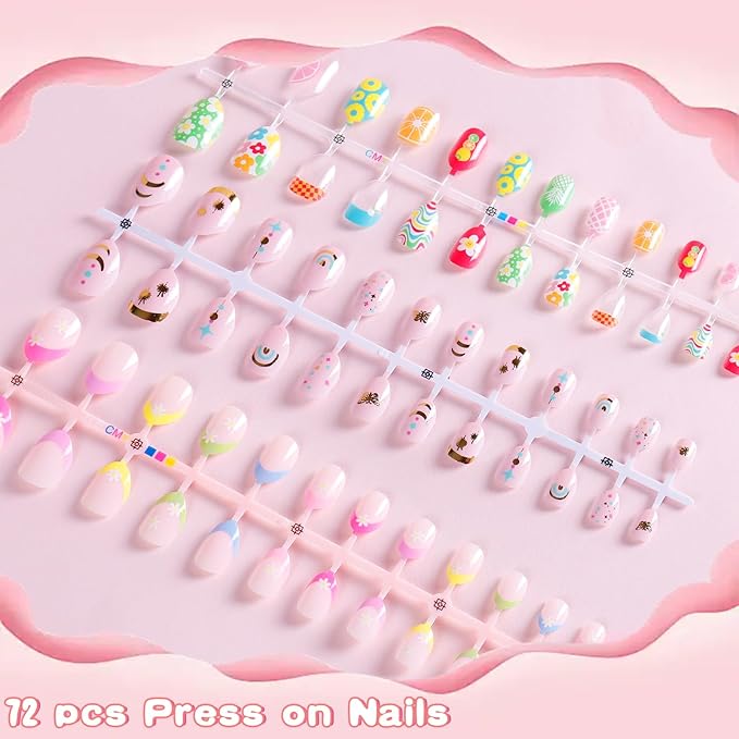 SIUSIO 3Pack Children Acrylic Fake Nails, 72pcs Press on Full Cover Daisy French Tips Short Almond False Nail Art Kits Set with Sticker Tabs Nail Glue Gel for Kids Little Girls Women - Spring Memory