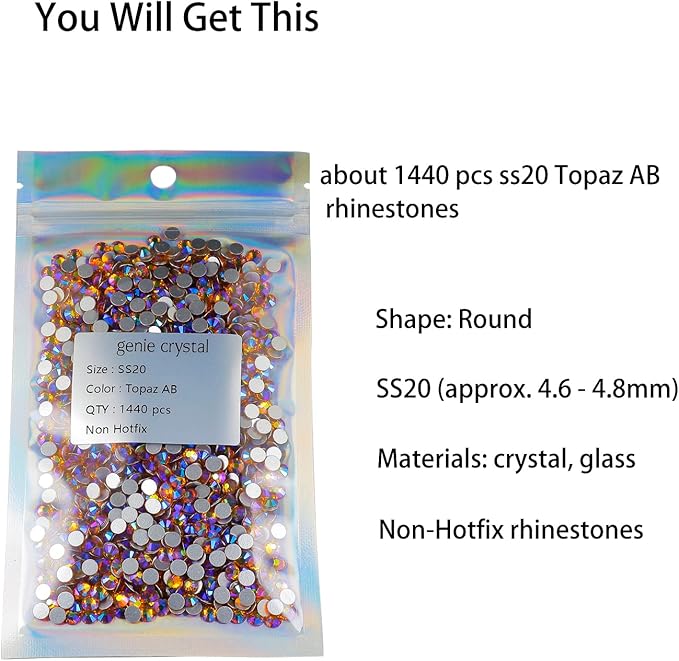 Genie Crystal 1440 PCS Topaz AB Rhinestones SS20, 5mm Yellow Aurora Borealis Flatback Glass Rhinestone for DIY Crafts, Shoes, Dance Costumes, Tumbler, Cup, Makeup, Bling Decoration