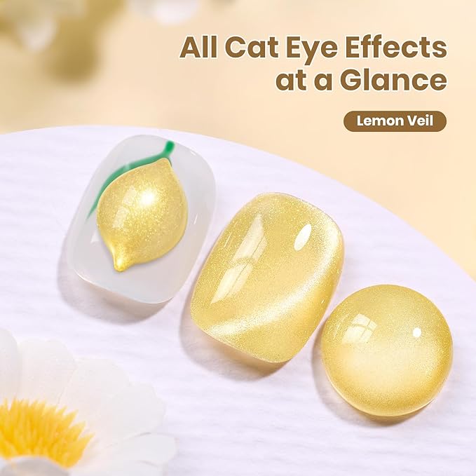 Beetles Lemon Veil Yellow Cat Eye Gel Nail Polish - 15ML Glitter Yellow Cat Eye Spring Gel Polish Magnetic Shimmer Effect Soak Off UV Nail Art Design Salon DIY Manicure Gift for Women