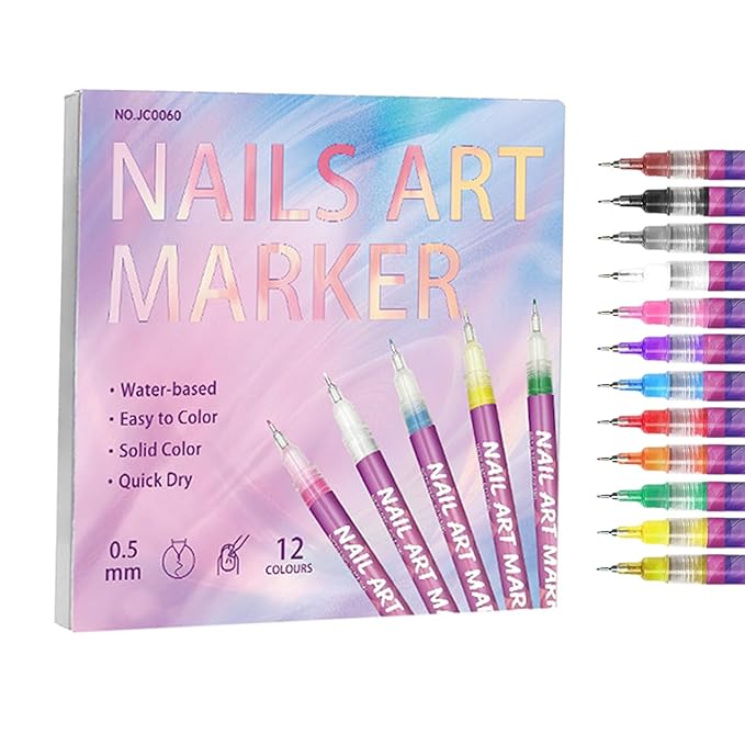 12 Colors Art Pens Set for Nails Art - 0.5 MM Polish Pens, Nail Pens, Markers for Gel Nails, Adorn Manicure Tools, Quick Dry Nail Polish Pens