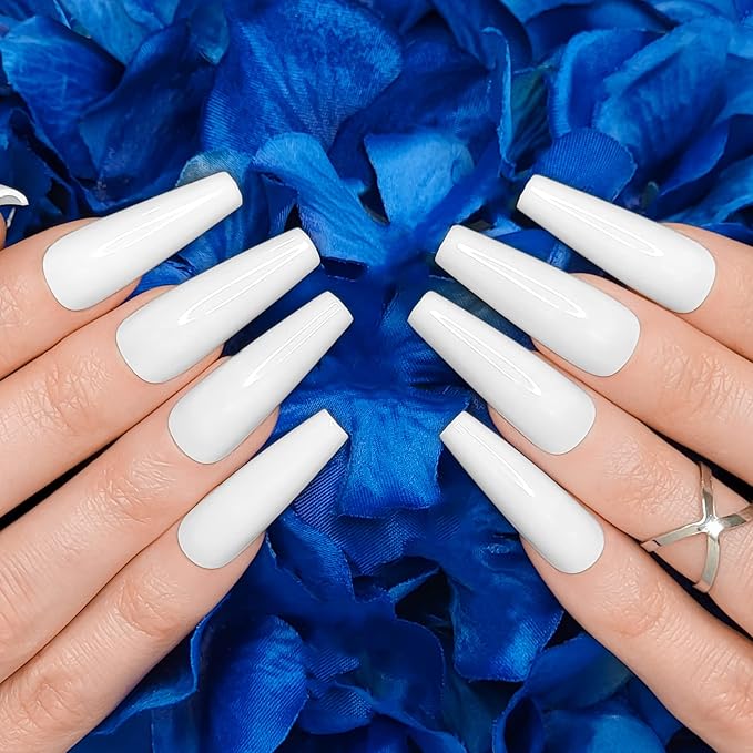 Hypnaughty 24 Pcs Classic White Glossy Extra Long Coffin Press On Nails and Glue XL Reusable Solid Color Luxury False Nails (Classic White)