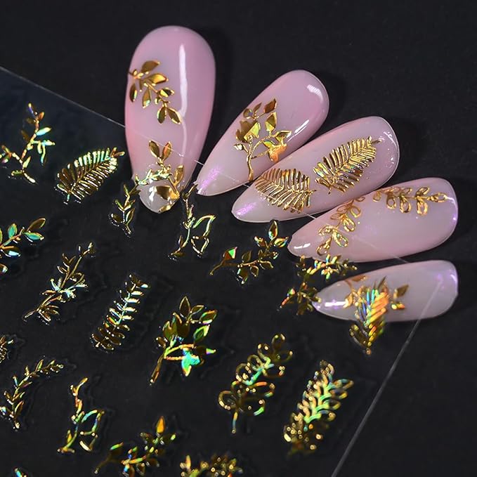 12 Sheets Gold Nail Art Stickers Leaf Nail Stickers Flower Nail Decals Self Adhesive Plant Nail Art Supplies for Women Girls DIY Manicure Nail Art Decorations