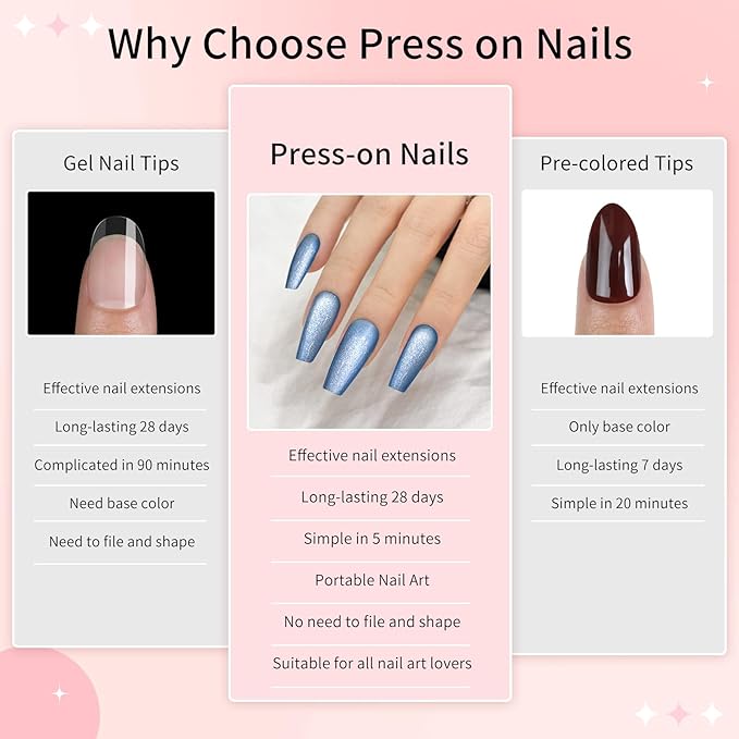 Blue Cat Eyes Press On Nails,12 Sizes-24 Pcs Soft Gel Medium Coffin Fake Nails Kit with Nail Glue, Natural Reusable Stick On False Nails for Women and Girls (Skycloud Blue Nails) SK0981